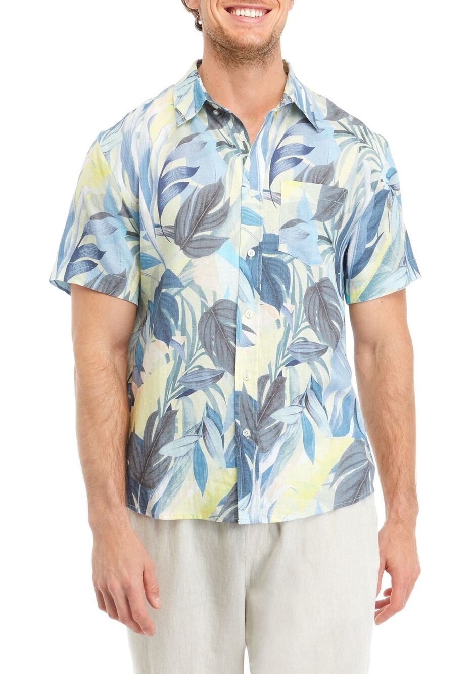 Magaschoni Button Shirt Men's Small Tropical Printed Linen Blend Short Sleeve